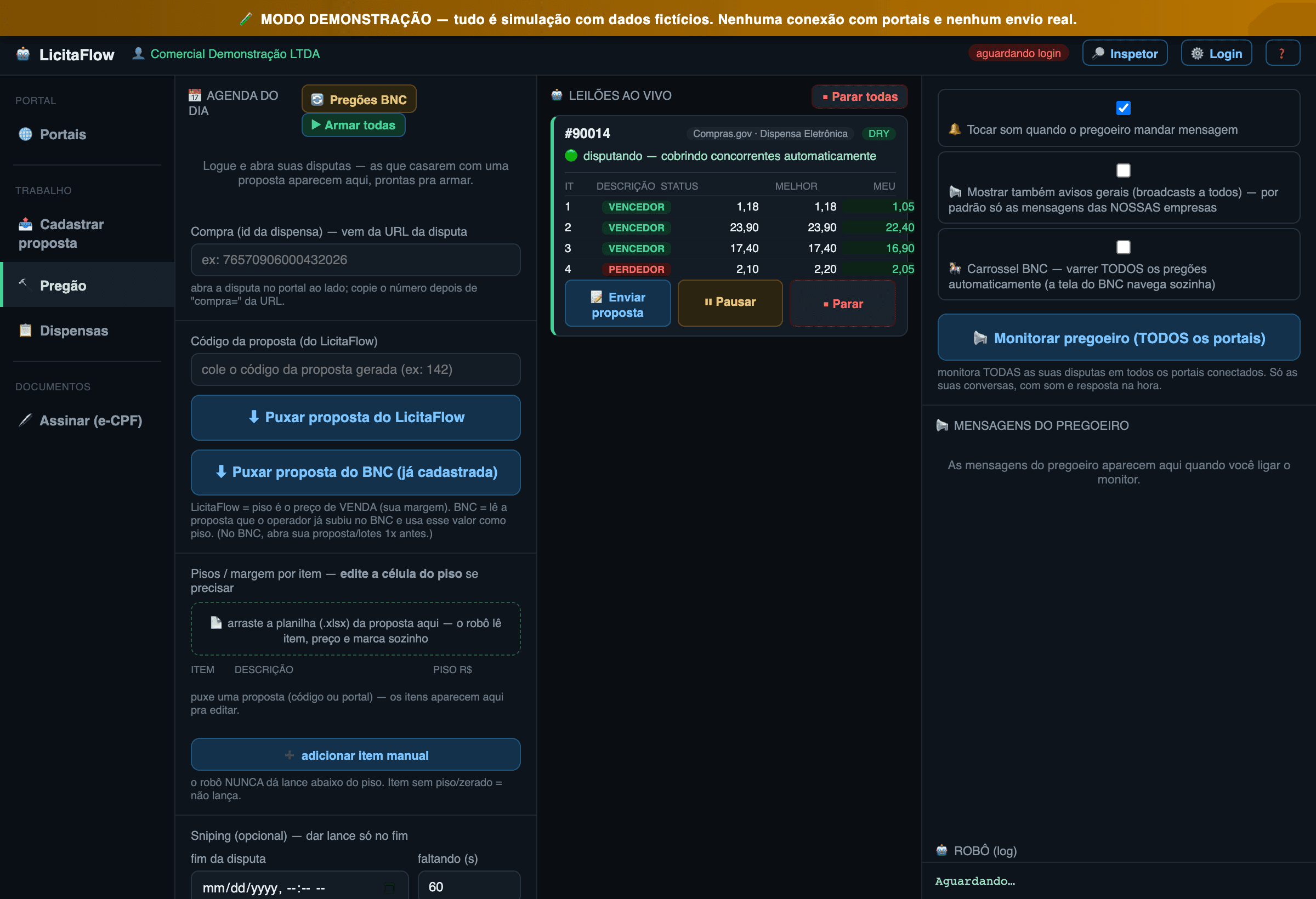 Robô do Altiv Bid dando lances ao vivo na disputa do Compras.gov